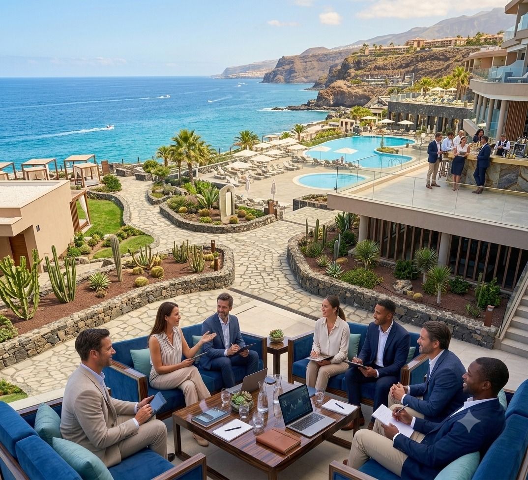 Executive team meeting on a hotel terrace overlooking the ocean in Tenerife